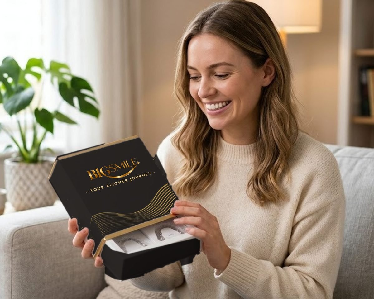 Smiling woman opening a black and gold Bigsmile aligner box